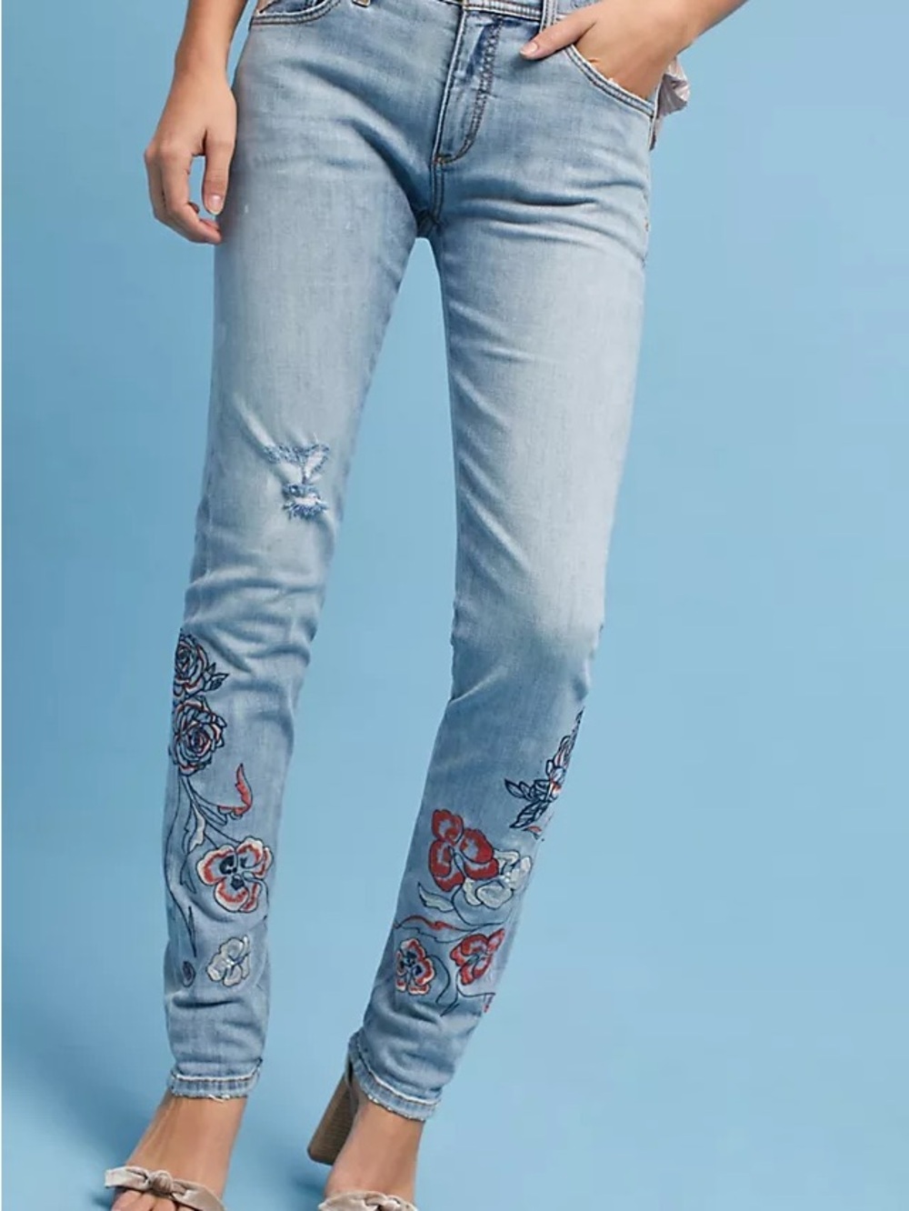 Pilcro Anthropologie Light Blue Floral Embroidered Jeans